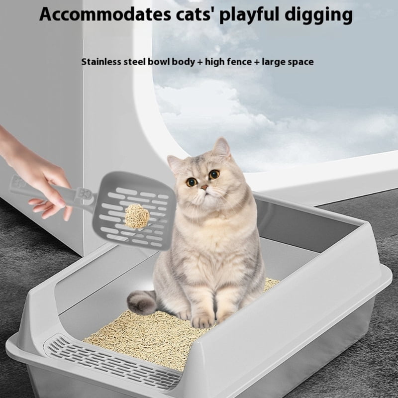 Stainless Steel Litter Box Half-Enclosed Design, Anti-Slip Base & Ventilation for Odor Control, Large Pet Bathroom