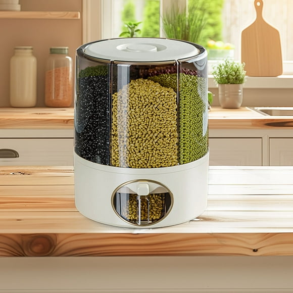 360 Rotating Kitchen Grain Dispenser With Six Compartments Transparent Dry Food Storage Container One Click Output Rice Bucket For Legumes And Cereals