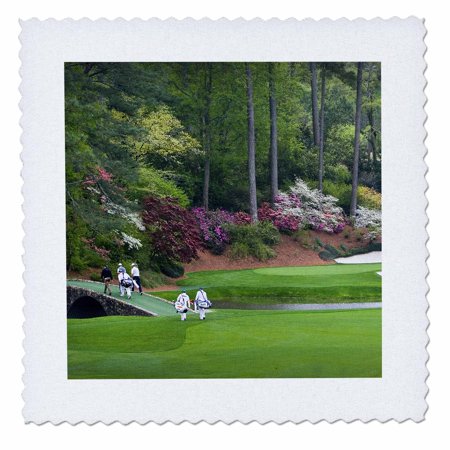 3dRose Amen Corner in Augusta Georgia - Golfers on Bridge - Quilt Square, 14 by 14-inch
