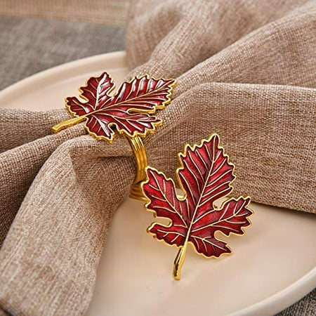 

Decozen Napkin Rings Holder Set of 4 pcs in Gold - Red Leaf Design
