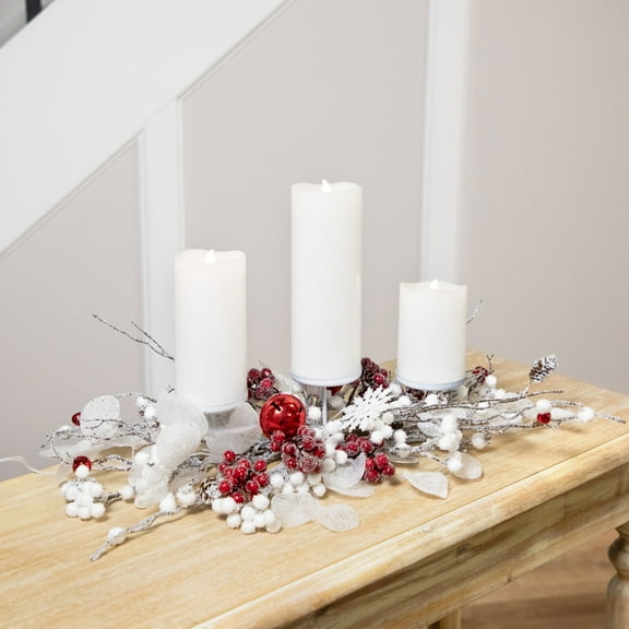 Northlight Berries and Snowflakes Christmas Pillar Candle Holder - 24" - Red and White
