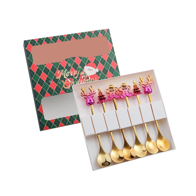 Juego de 6 cucharas con forma de alce navideño, personajes de pan de jengibre, cubiertos, decoración de té, café, cubiertos de Navidad para regalo,
