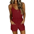 thumbnail image 4 of Romper Swimsuits for Women Spaghetti Strap Short Romper for Women Soft Drawstring High Waist Loungewear Casual Jumpsuit Shorts with Pockets Wine L, 4 of 6