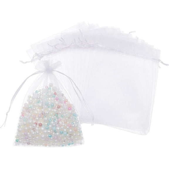 100PCS Organza Bags with Ribbons White 9x6.7 for making
