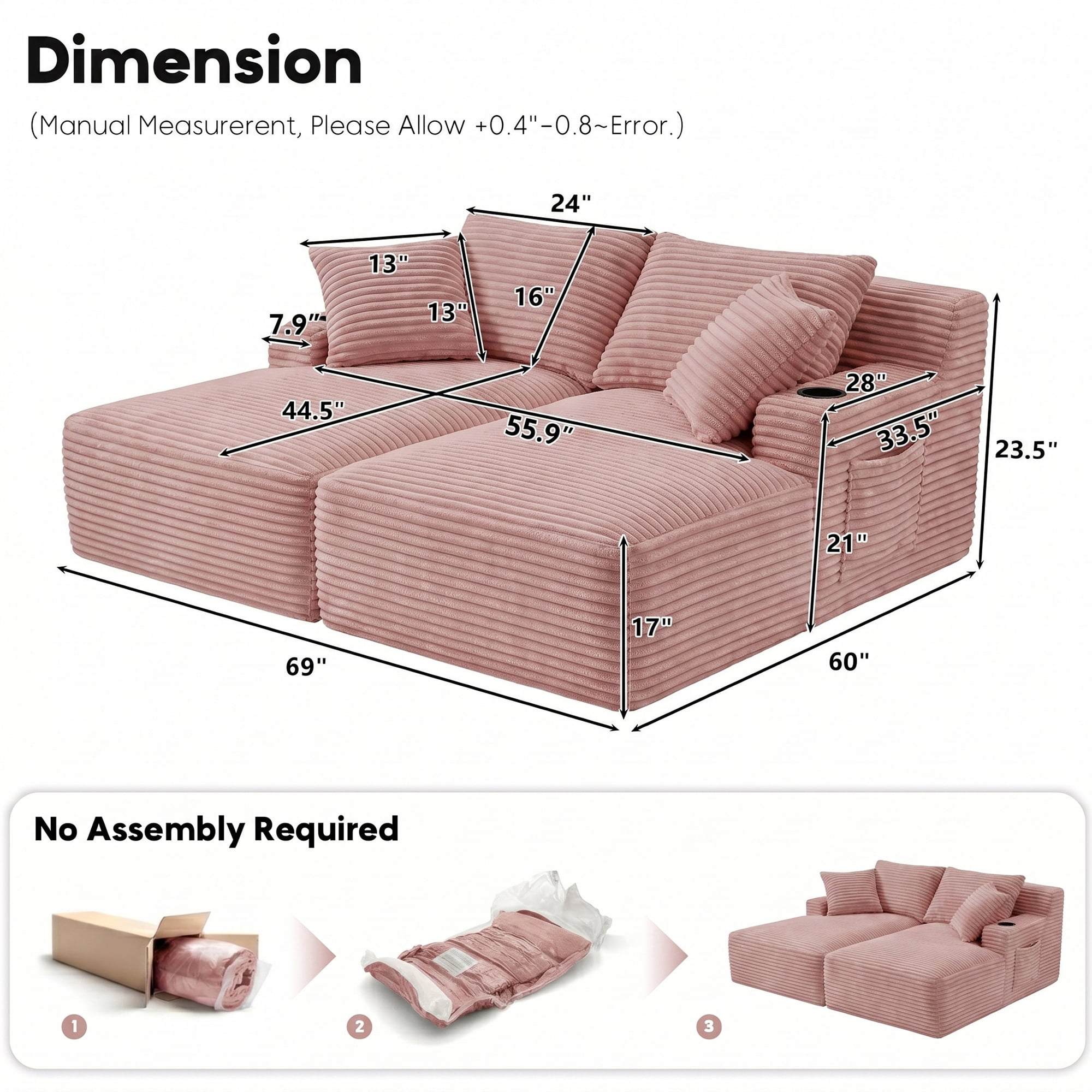 Aukfa 69" Oversized Double Chaise Lounge Boneless Couch Modular Loveseat Sleeper Sofa Bed for Living Room, 2 Cup Holders, Corduroy, Pink