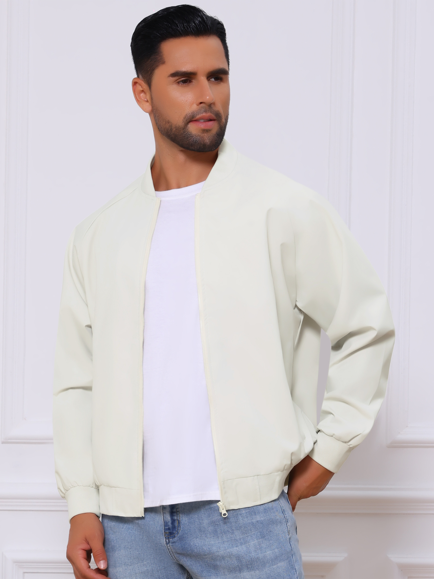 DARING DIVA Casual Stylish Lightweight Full Zip Up Bomber Jacket M Beige