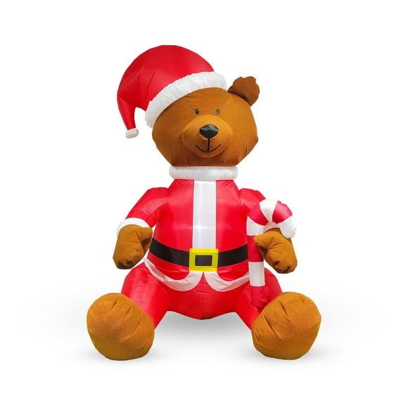Led gonflable éclairez l’ours assis avec fourrure en costume de père noël, brun / rouge / blanc, 8 PI