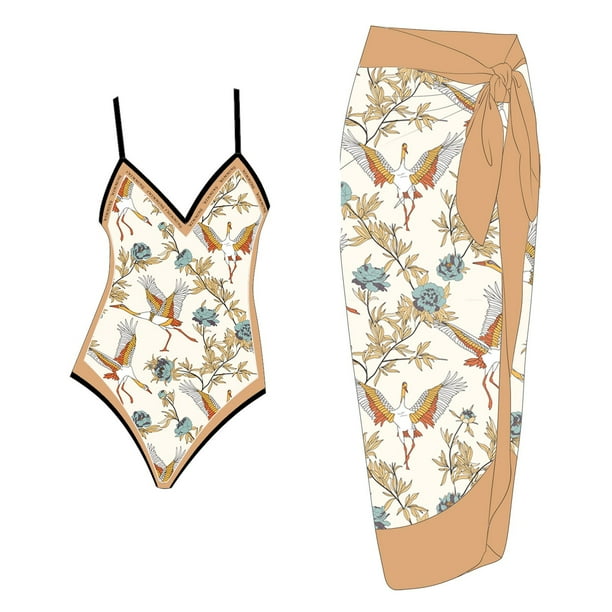 Gibobby Conjunto de Traje de Baño para Mujer Traje de baño de 1 pieza para mujer+1 pieza para cubrir traje de baño de dos piezas con estampado vintage Mo(Marrón,XL)