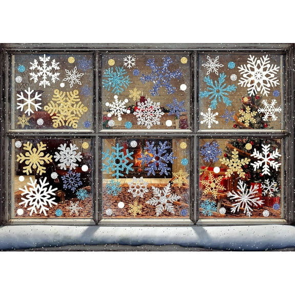 155Pcs Christmas Snowflake Window Clings Stickers Double-Sided White Silver Blue Gold Window Decals for Winter Frozen New Year Home Shop Window Glass Display Decoration, 9 Sheets