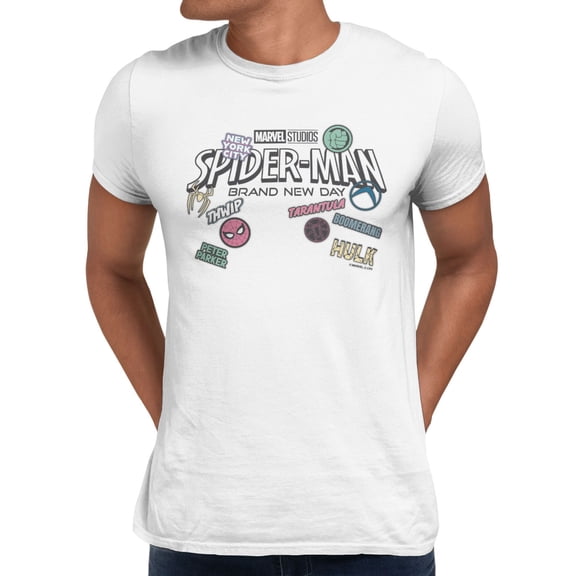 Marvel Spider-Man Brand New Day Men's Sticker Collage T-Shirt (Bright White, S-XXXL)