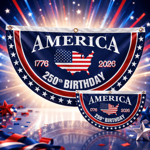 2 Pcs 250th Anniversary Commemorative Flag, 1776-2026 Year American Anniversary Pleated Fan Flag, Patriotic Half Fan Bunting Banner for Wall Front Door Porch Fence Outdoor Decorations