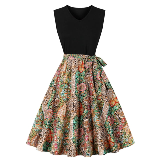 Vestido de Verano para Mujeres Moda Casual Suelto Impreso sin Mangas Cuello en V Vestido Grande Del Doblado, Estilo Sexy