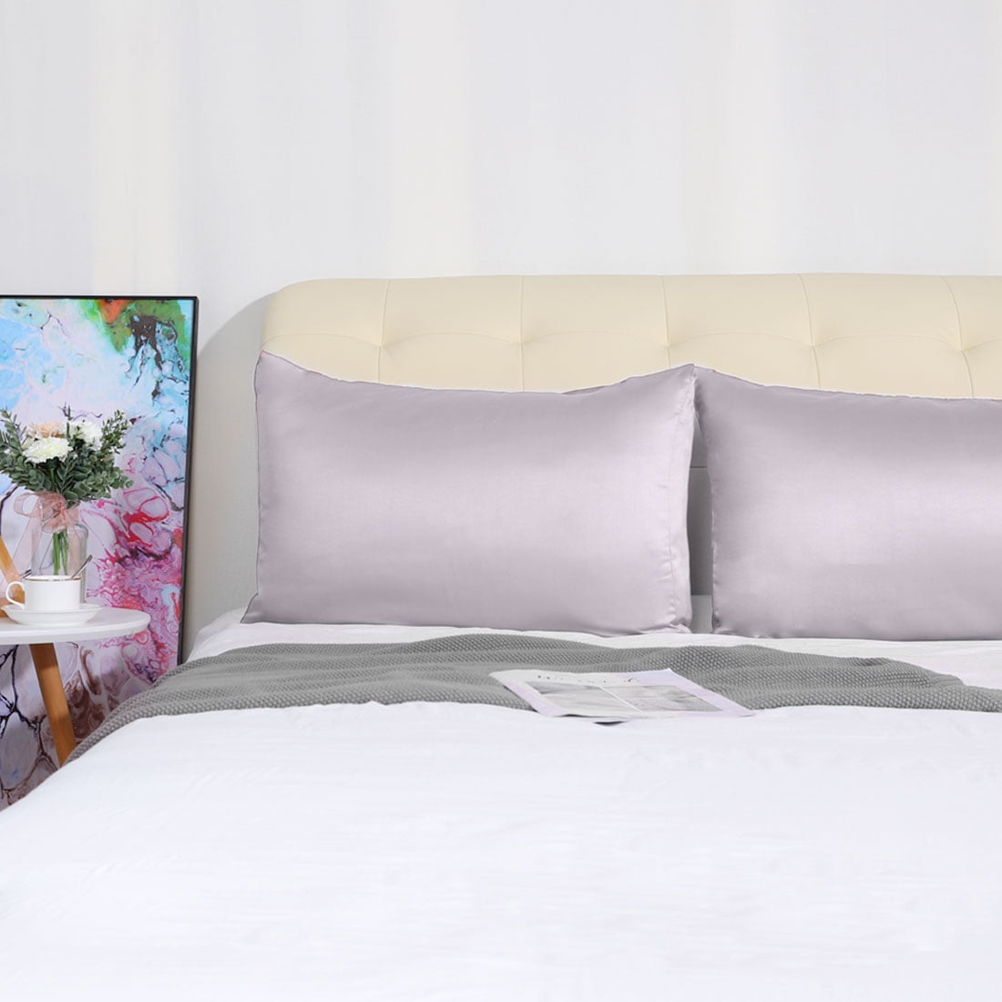 Unique Bargains Silky Satin Pillow Cases Covers Set of 2 Lavender Gray King