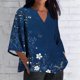 thumbnail image 1 of TaTaai Women's Roll Tab Sleeve Blouse, Printed V Neck Shirt, Linen Look Three Quarter Top for Casual Summer Gift, 1 of 5