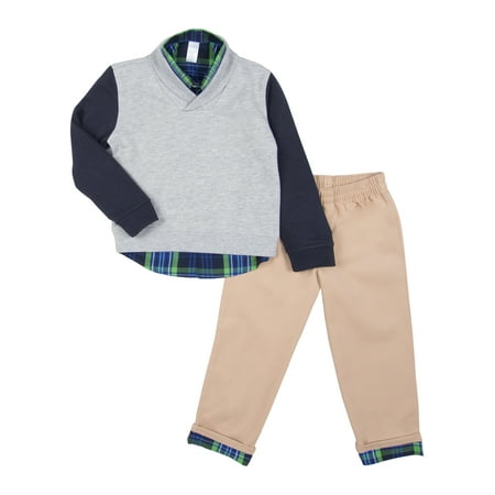 George Shawl Collar Sweater, Woven Button-up Shirt & Pants 3pc Outfit Set (Toddler Boys)