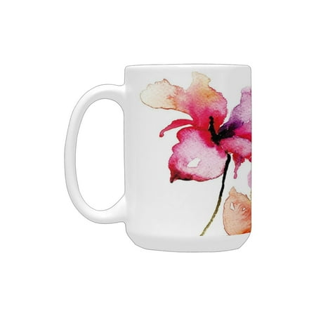 

Floral Vibrant Colors Summer Flowers Lily Blooms in Watercolor Paintbrush Artwork Purple Marigold Pi Ceramic Mug (15 OZ) (Made In USA)