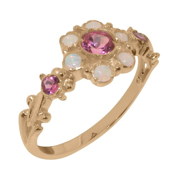 LBG British Made 9k Rose Gold ring with Natural Pink Tourmaline & Opal Womens Engagement Ring - 33 size options - Size 11