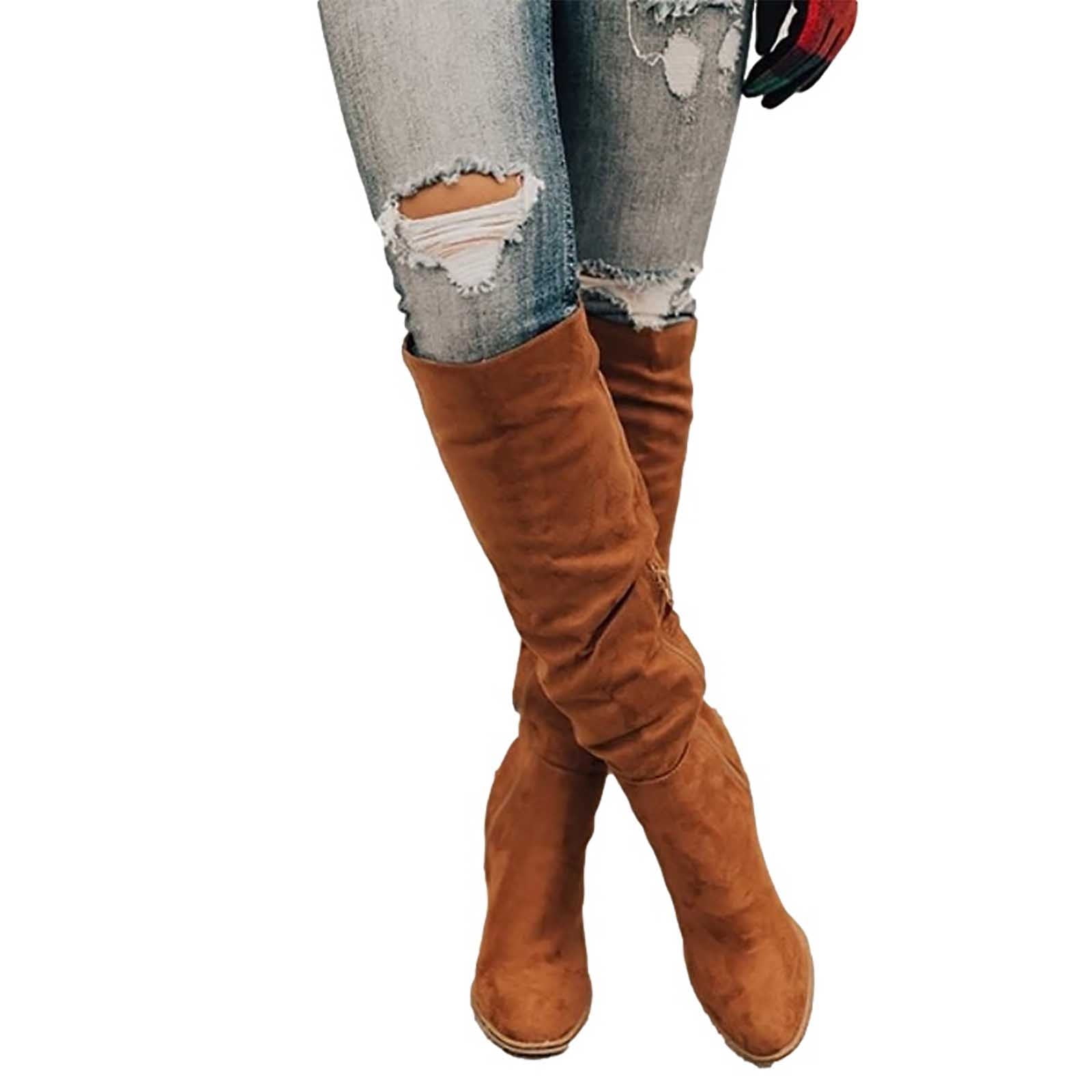CEHVOM Bottes Grande Taille pour Femmes Automne Longues Talons Epais Bottes a Fermeture Eclair Pointues Walmart