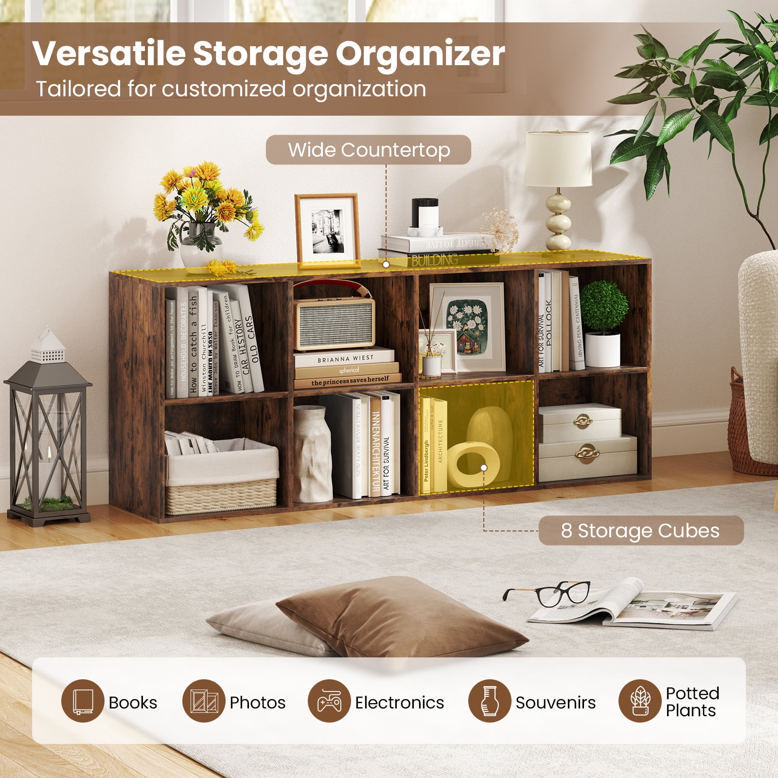 Costway 8-Cube Bookcase Bookshelf with 2 Anti-Tipping Kits Storage Organizer Rustic Brown