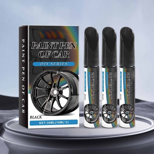 Kit de Reparación de Rayones en Llantas de Coche con 3 Bolígrafos de Retoque Negro, Paños Azules y Esponjas, 30ml, para Llantas de Aleación y Negro Mate