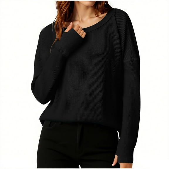 Htigea Women's Crew Neck T-Shirts Waffle Drop Shoulder Long Sleeve Casual Loose Fit Shirt Solid Everyday Tee Top Black S