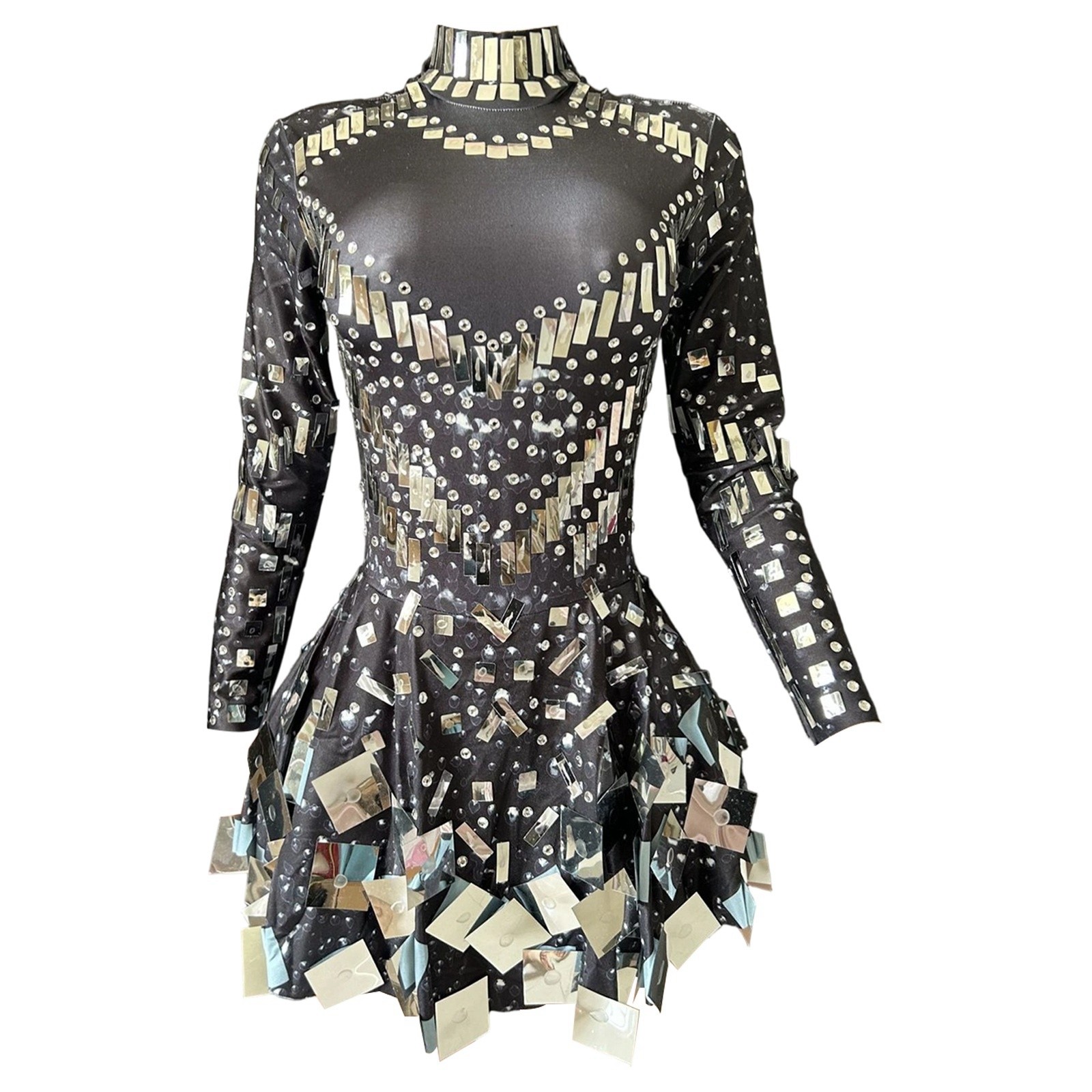 XIAOCHA Women's Mirror Sequin Mini Dress Long Sleeve High Neck Slim Fit Dress Futuristic Party Performance Dress