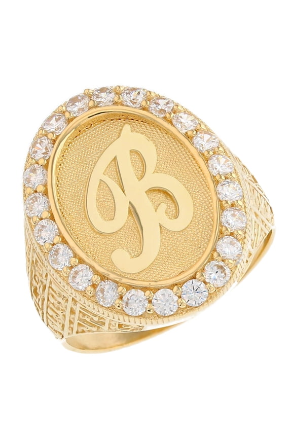 14k Yellow Gold Mens Oval Halo White CZ Initial Letter B Ring