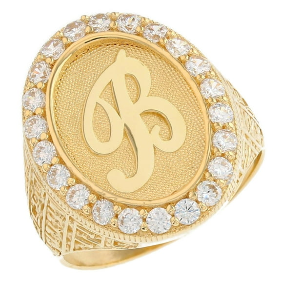 JackAni 14k Yellow Gold Mens Oval Halo White CZ Initial Letter B Ring