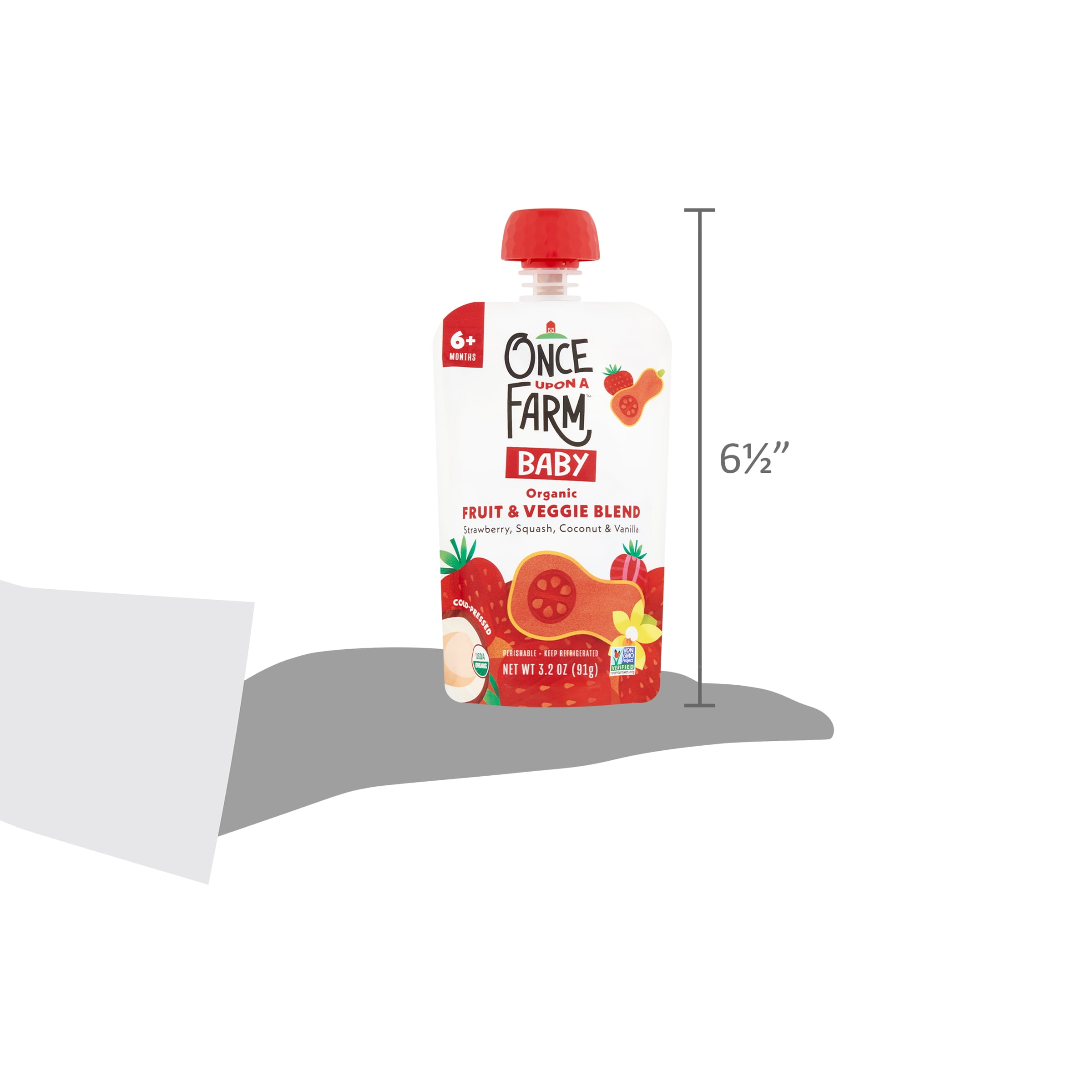 Once Upon a Farm Organic Refrigerated Baby Food Fruit & Veggie Blend Strawberry, Squash, Coconut & Vanilla, 3.2oz Pouch