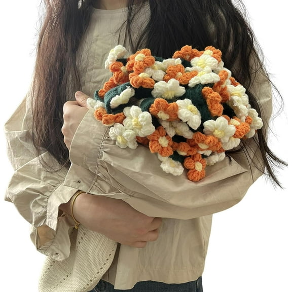 43In Daisies Bouquet Blanket Handmade, Crochet Bouquet of Flowers Blanket, Romantic Soft and Lightweight Cute Unique Knitted Throw Blankets for Bed, Sofa or Home Decor (Orange White)