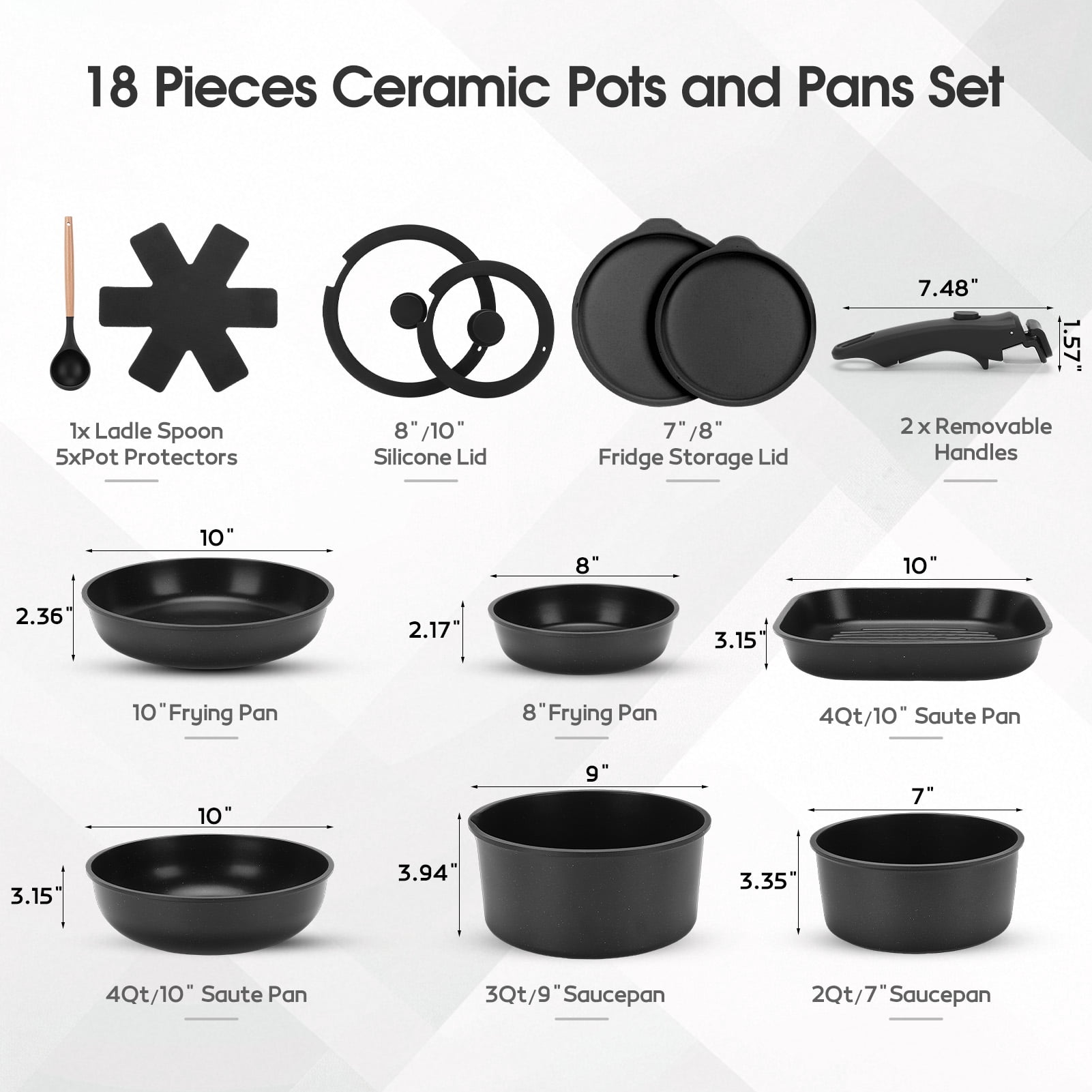 20 Piece Ceramic Pots and Pans Set Non Stick, Cookware Set with Detachable Handles, Oven Safe, Induction Ready, Stackable RV Kitchen Cooking Set, Black