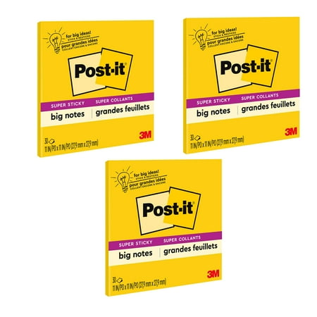 Post-it Super Sticky Big Note, 11 in. x 11 in., Yellow, 30 Sheets/Pad, Pack of 3