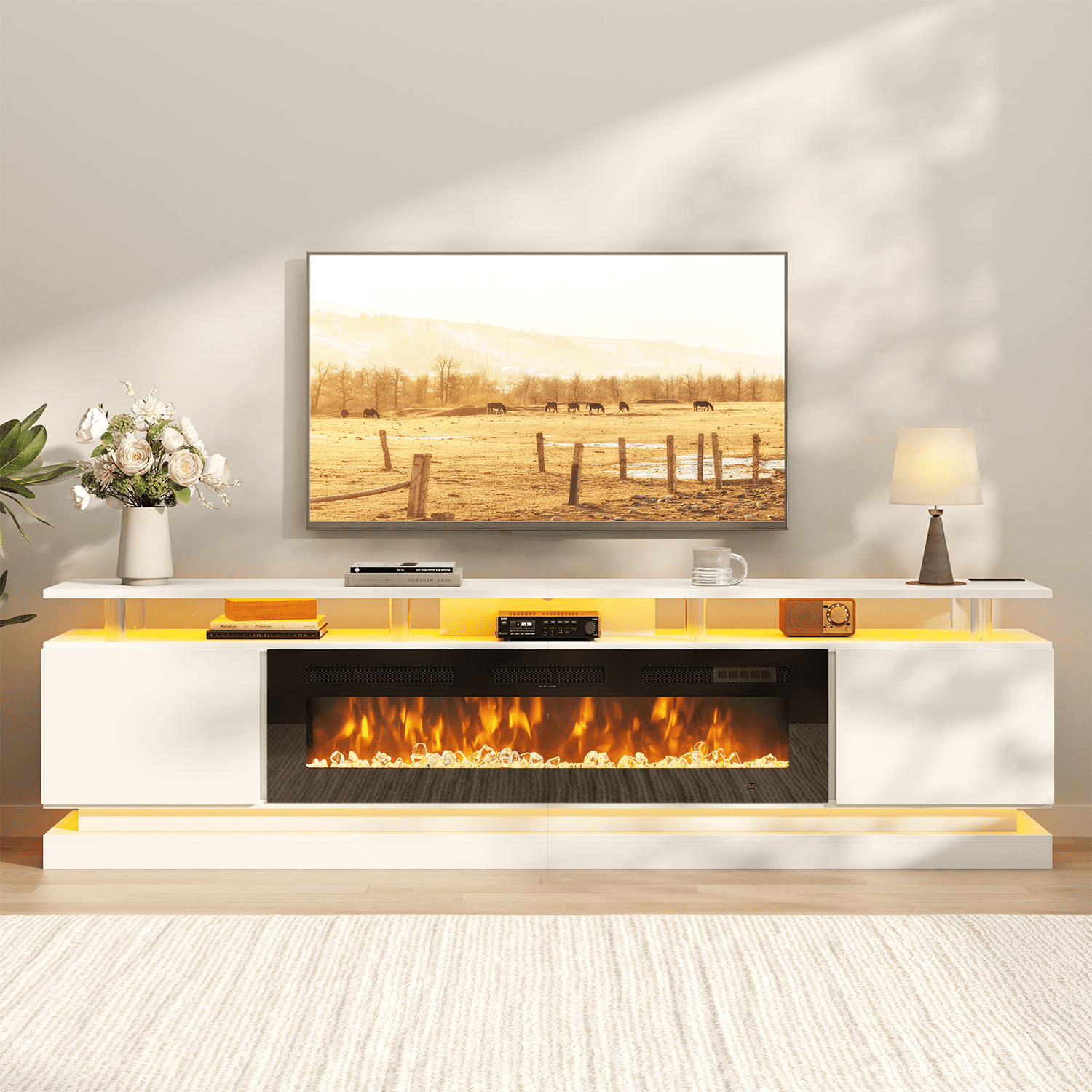 BaPiPro 90" Fireplace TV Stand for TVs up to 100", Modern Entertainment Center TV Console with Storage for Living Room, White TV Stand and Black Fireplace