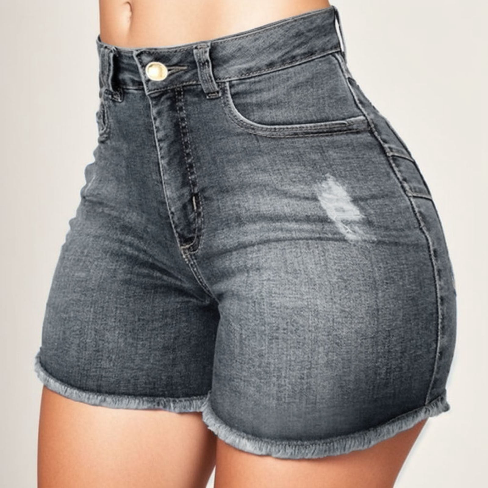 adviicd Women's Mid-High Rise Jean Shorts Stretchy Ripped Distressed Denim Shorts,Grey 2XL