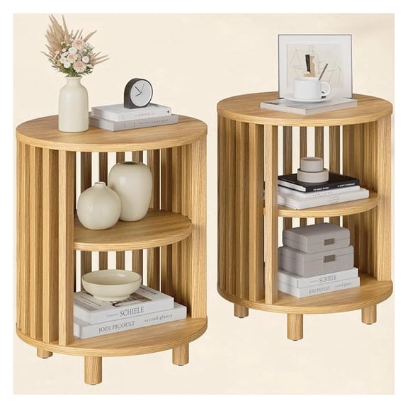Generic Brand Round End Table Set of 2, Wood Nightstand with Open Shelves, Modern 3 Tier Side Table for Bedroom Living Room, Natural Oak 2 pack