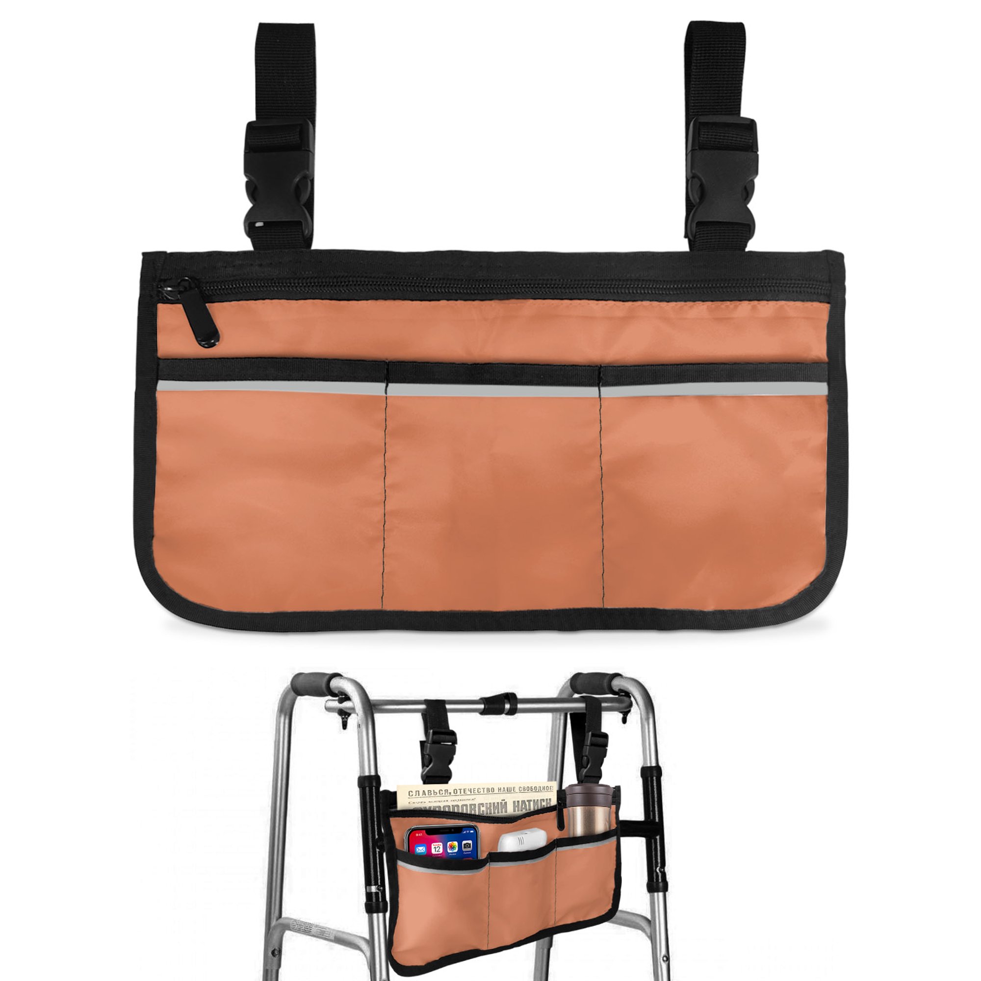 Orange Wheelchair Side Bag with Cup Holder, Modern Solid Color Wheelchair Armrest Bag Storage Pouch Adults, Seniors for Walkers, Rollator, Scooter