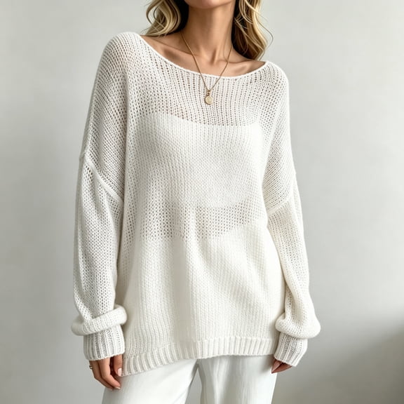 Womens Boat Neck Open Knit Sweater Solid Color Long Sleeve Oversized Loose Knitted Pullover Casual Fashion Top White L