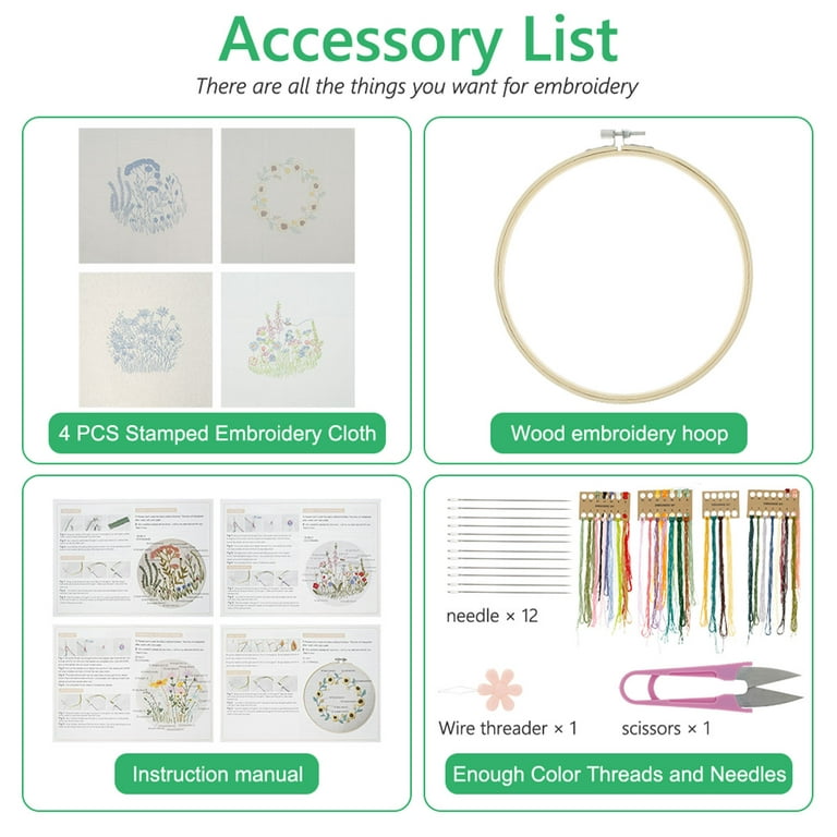 Full Range of Embroidery Starter Kit with Pattern,UNIME Cross Stitch Kit  Including Embroidery Cloth with Plant Pattern, Bamboo Embroidery Hoop,  Color