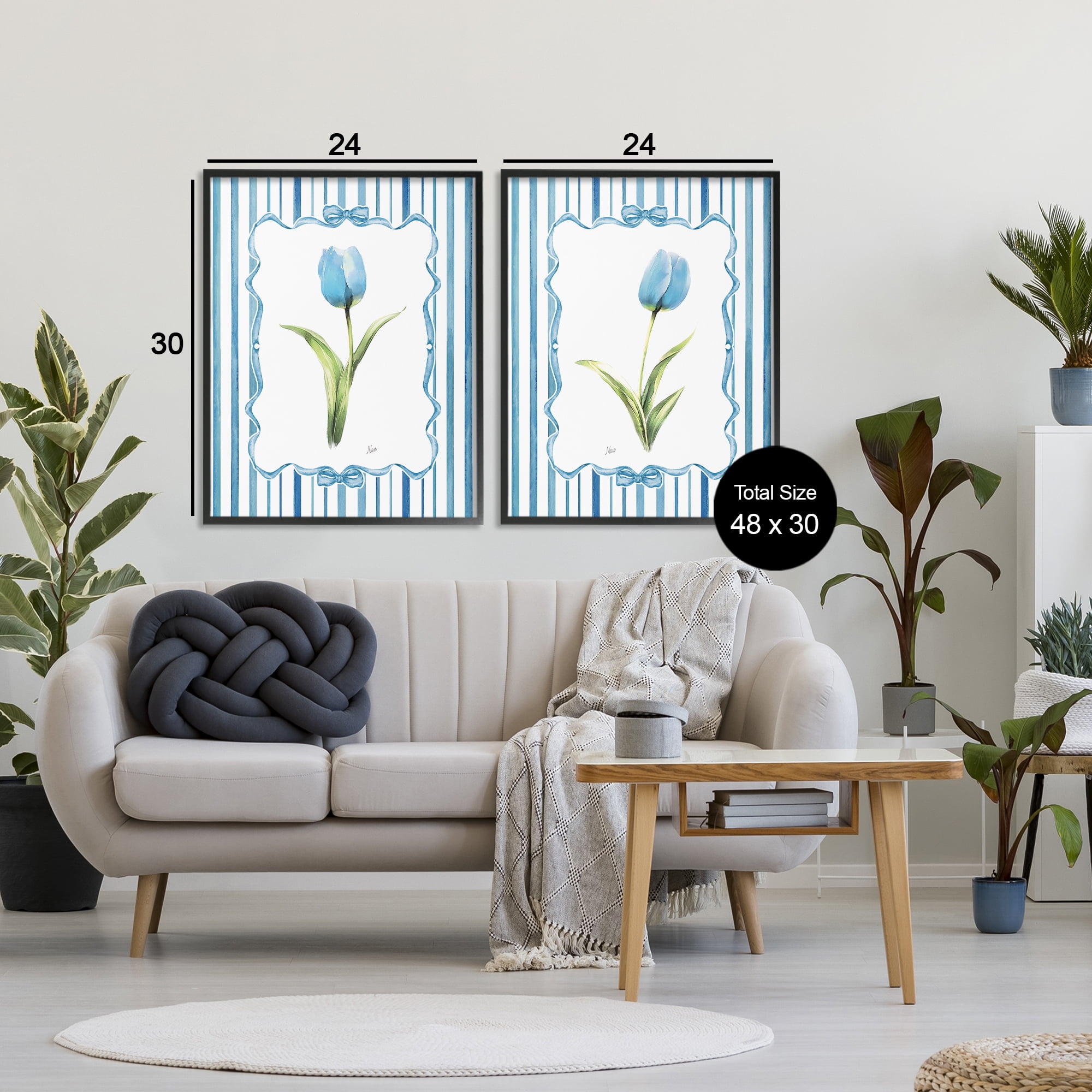 Stupell Industries Blue Tulips with Feminine Ribbon 2 Piece Black Framed Giclee Art Set, design by Nan