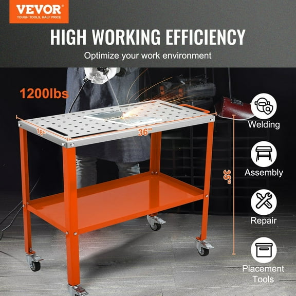 Heavy-Duty 36" x 18" Welding Workbench, 1200lbs Load, Locking Casters, 4 Tool Slots,5/8" Fixture Holes & Tool Tray - Mobile Steel Welding Table
