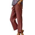 thumbnail image 2 of Striped Linen Pants Women Elastic Waist Summer Boho Vacation Beach Pants Lightweight Straight Leg Lounge Pant Wine 2XL, 2 of 4