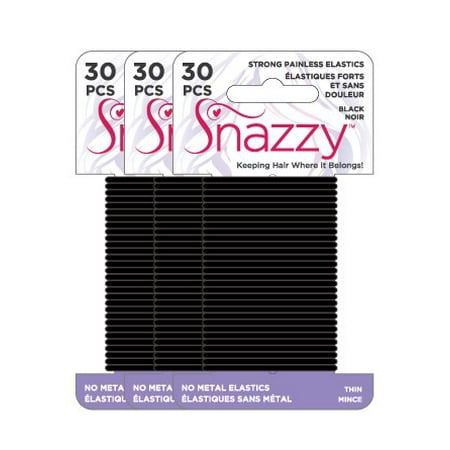 Hair Elastics by Snazzy | Black, Thin | Saver Pack, Painless 90 Count (3 Pack, 30 Ties Per