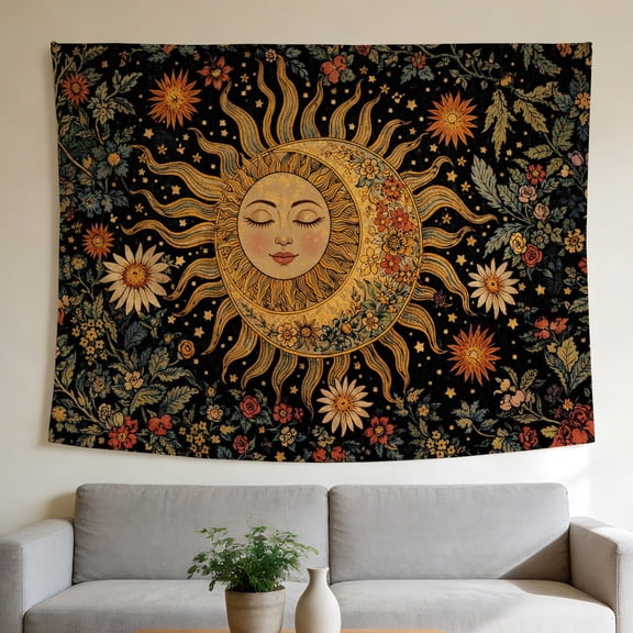 FLASHLUMI 40"x30" Vintage Sun Moon Wall Tapestry, Celestial Sun Face with Floral Print Wall Hanging for Bedroom Living Room Decor