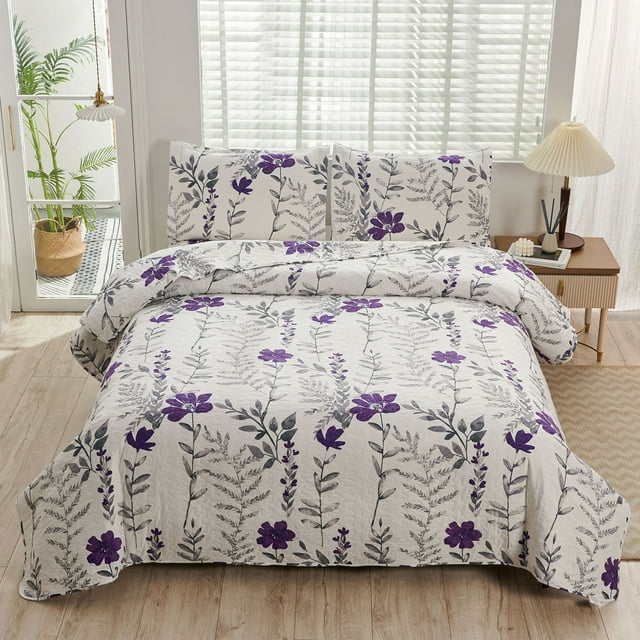 Anray Home Quilt Set Twin Size Floral Purple Quilt Lightweight