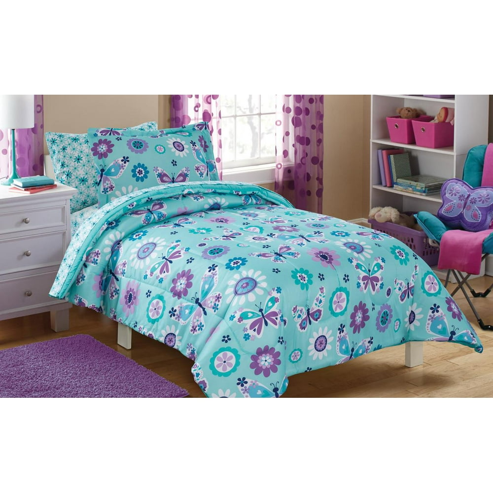 Mainstays Kids Purple Butterfly Floral 7Piece Bed in a Bag Bedding Set