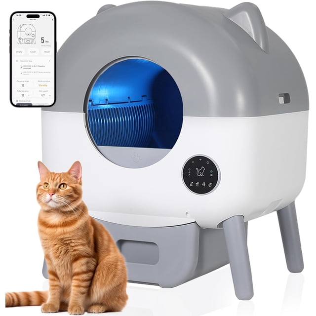 Automatic Self Cleaning Cat Litter Box with App Control and Triple Safety Protection, 76L Electric Litter Box with Washable Liner and Garbage Bags for Multiple Cats, Light Gray Dark Gray