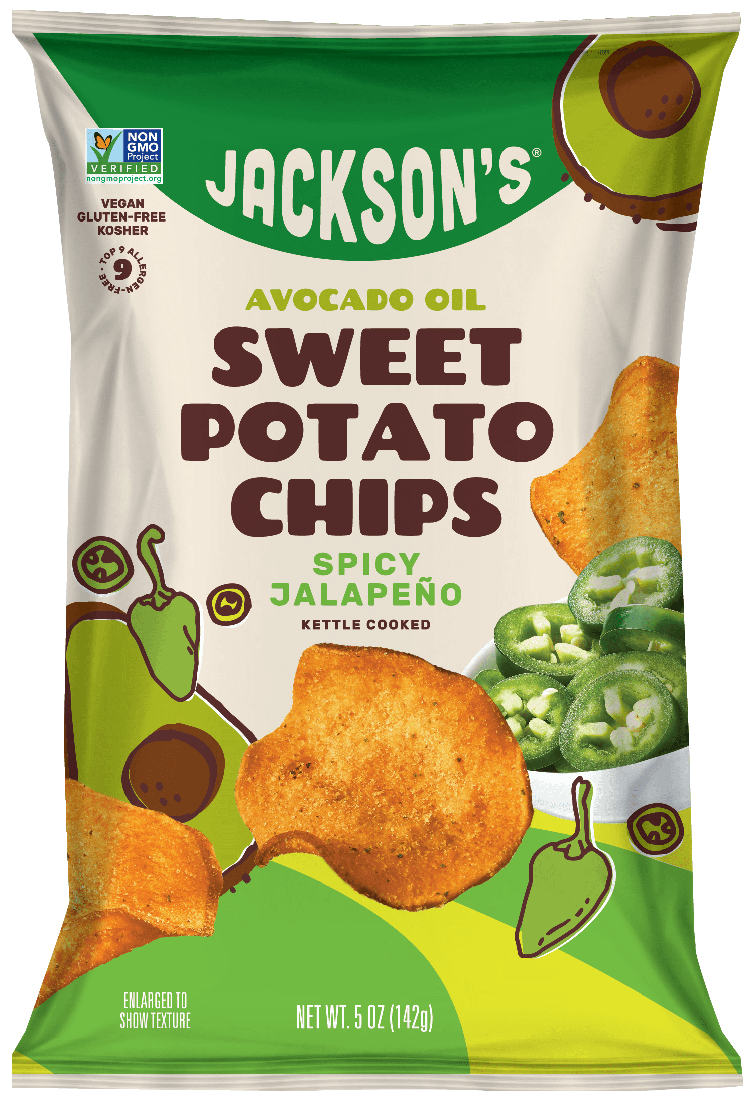 (3 pack) Jackson's Sweet Potato Spicy Jalapeno Chips, Avocado Oil, Free of Top 9 Allergens, Vegan, 5 oz