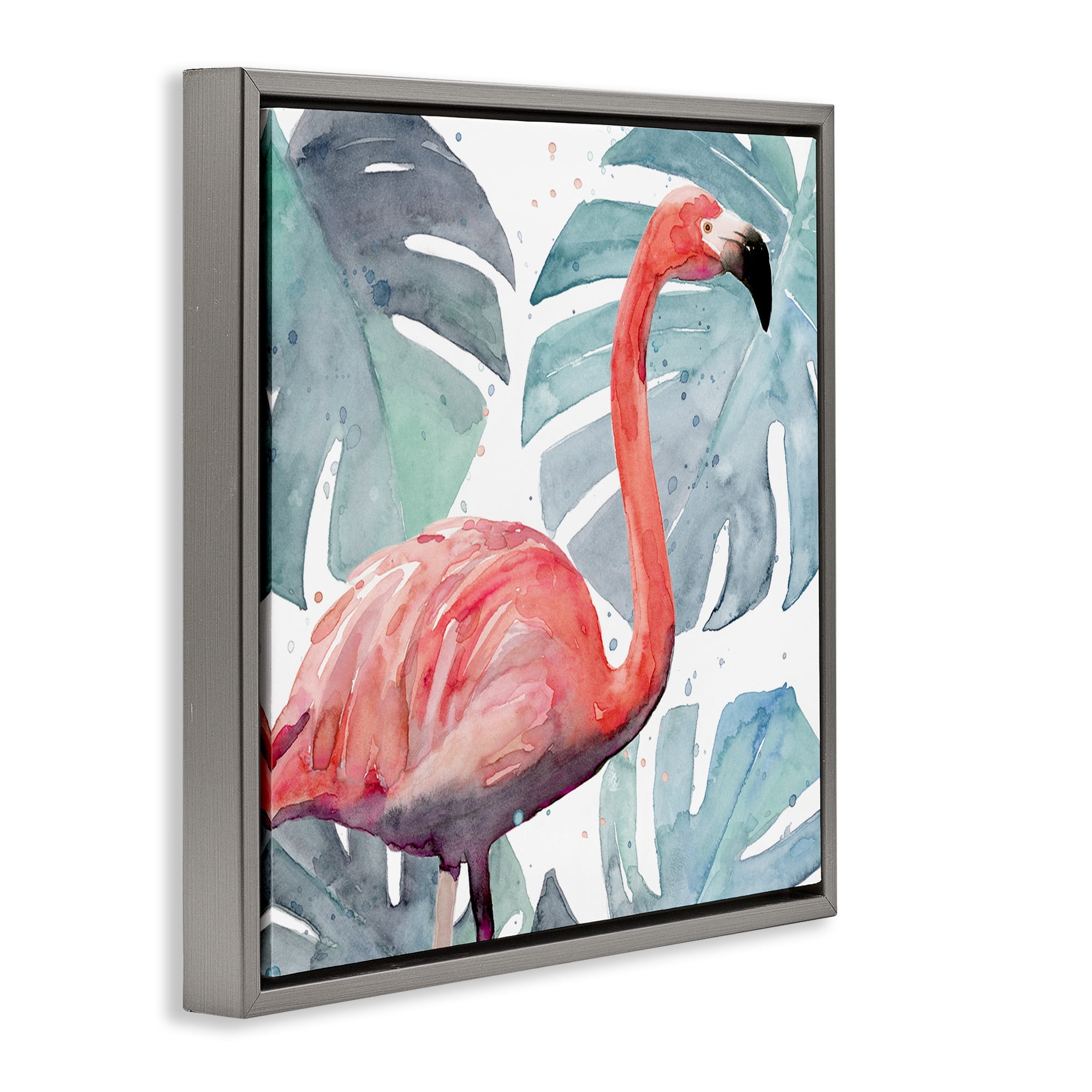 Stupell Industries Flamingo over Tropical Greenery Animals & Insects Painting Gray Floater Framed Canvas Art Print Wall Art, 18 x 18