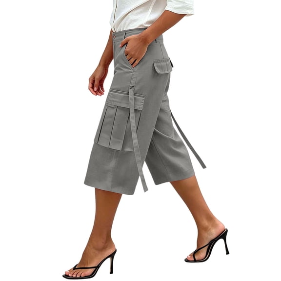 Lutiedan Cargo Capri Pants for Women High Waisted Wide Leg Cropped Pants Summer Casual Baggy Pleated Capris with Pockets