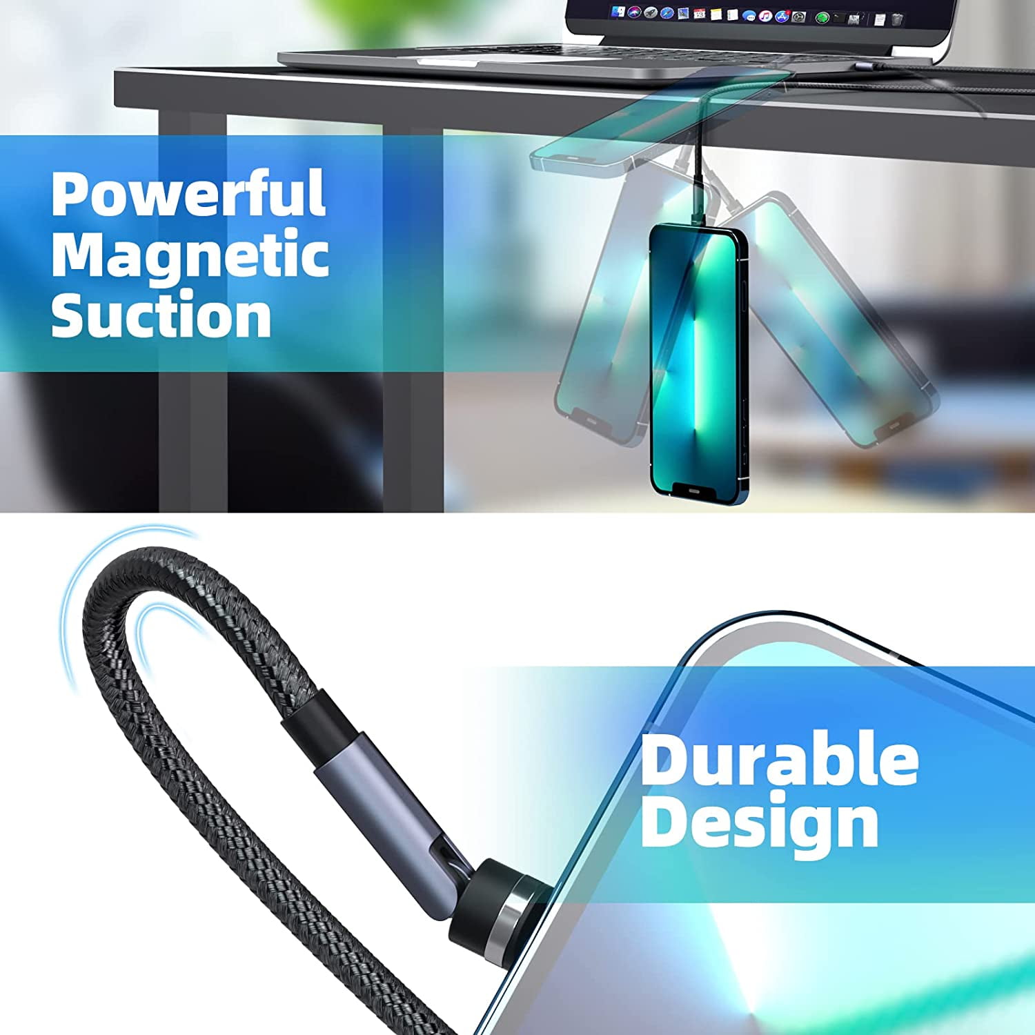 540 ° rotation magnetic charging cable, 3A fast charging magnetic phone charger [3-pack 10ft] 3 in 1 magnetic USB cable support data transfer magnet charger cable for iProduct/Micro USB/Type C device